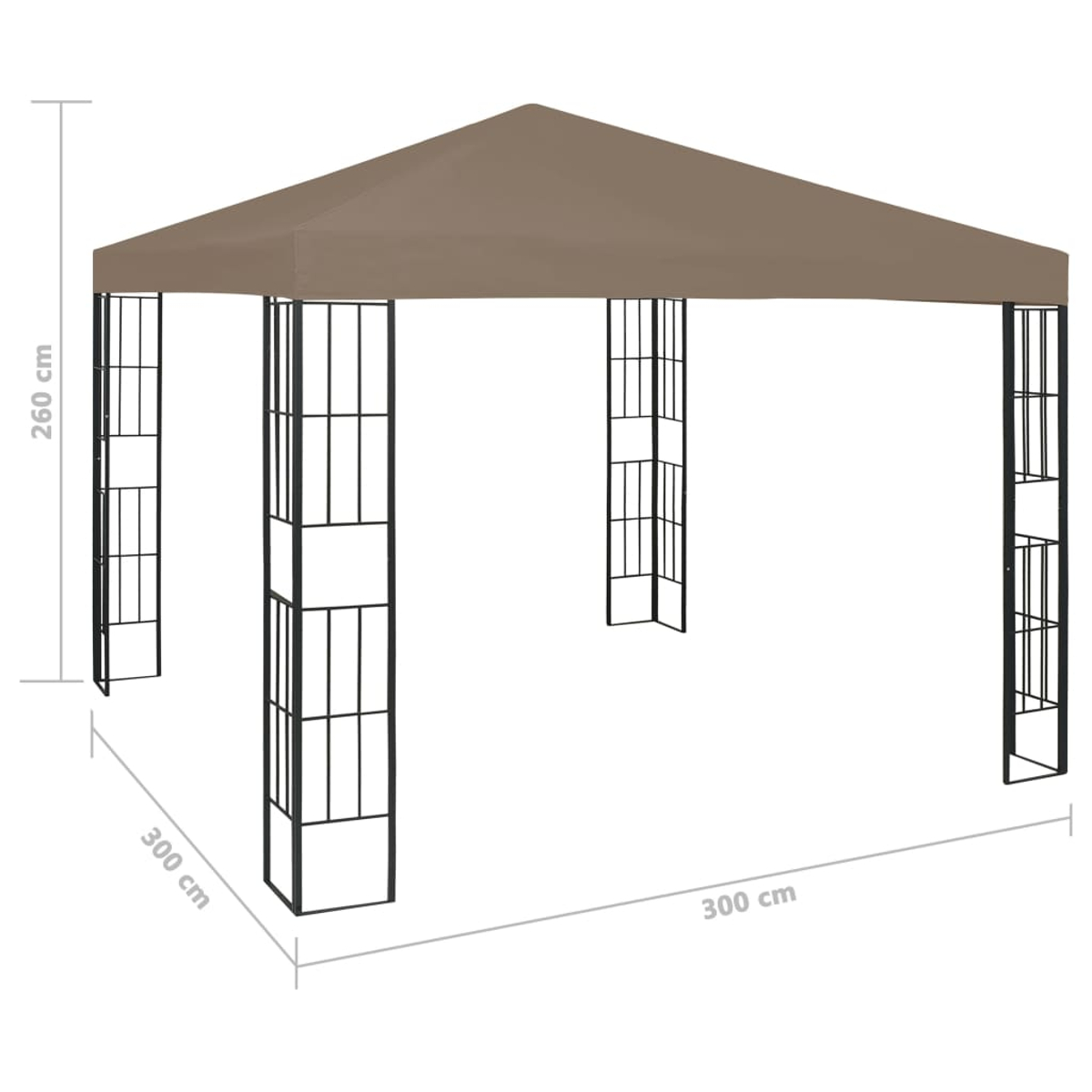 Beiger Pavillon mit schwarzem Rahmen. Maße: 300 cm x 300 cm, 260 cm Höhe.