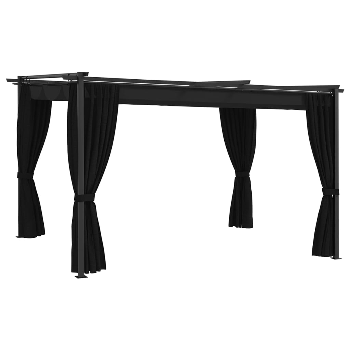 Eine Pergola mit schwarzen Vorhängen und einem schwarzen Rahmen. Die Vorhänge sind geschlossen.