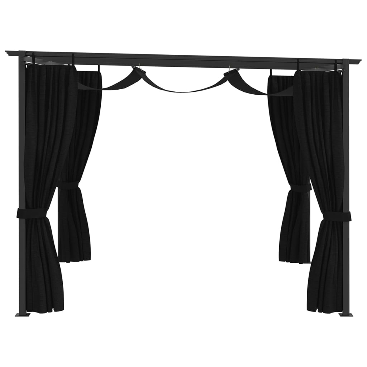 Eine schwarze Pergola mit schwarzen Vorhängen. Die Vorhänge sind auf jeder Seite zurückgebunden.