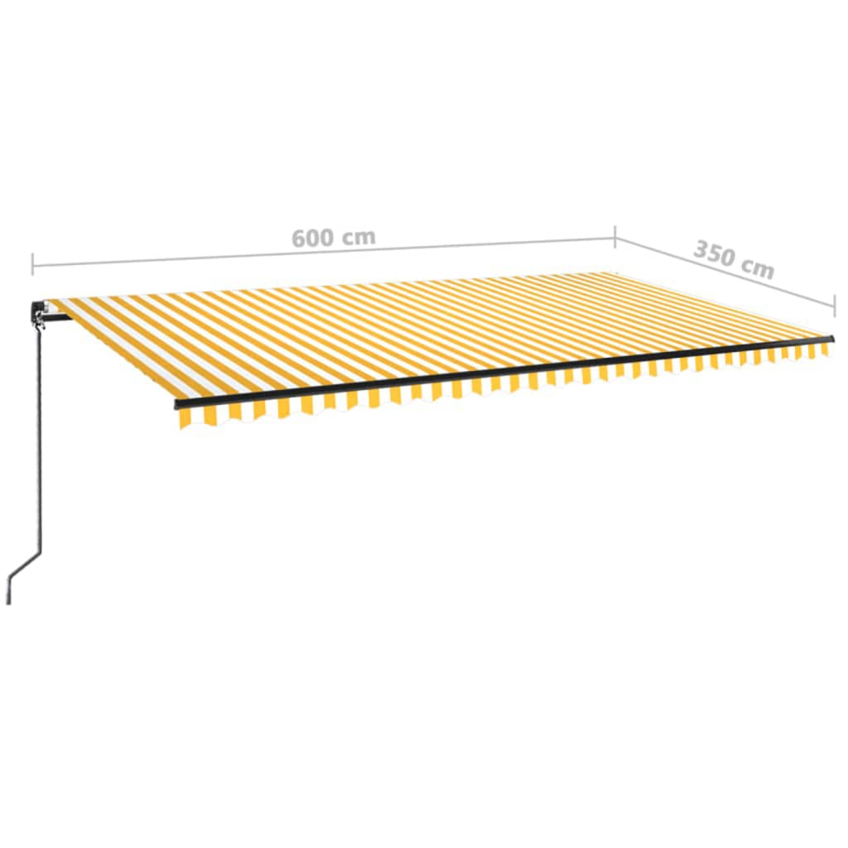 Ein gelb-weiß gestreiftes Vordach ist ausgefahren. Abmessungen: 600 cm x 350 cm.