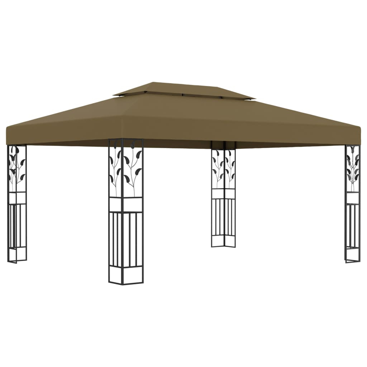 Brauner Pavillon mit doppellagigem Dach. Er hat schwarze Metallpfosten mit Blattmotiven. Auf weiß isoliert.