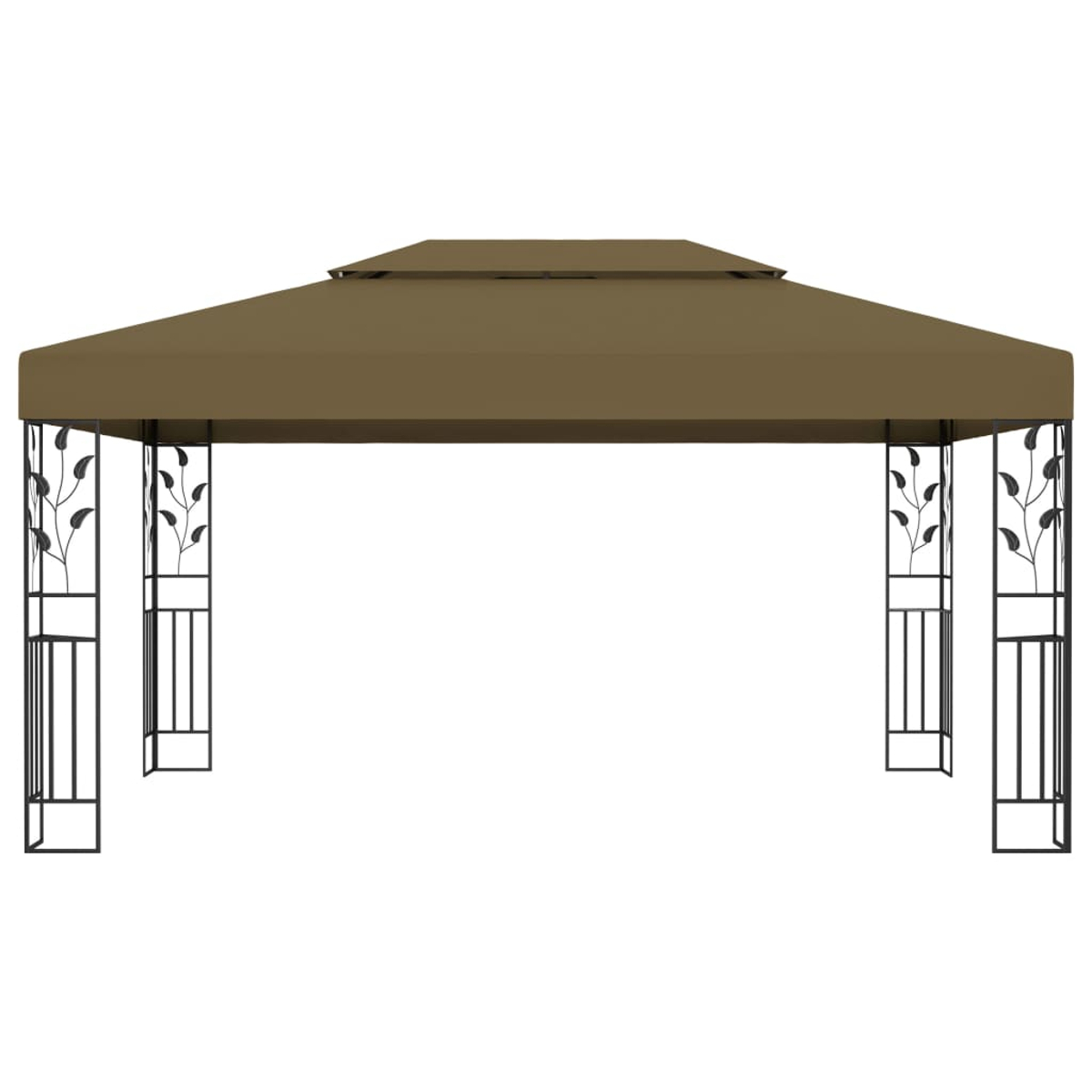 Brauner Pavillon mit doppellagigem Dach. Er hat schwarze Metallpfosten mit Blattmotiven. Auf weiß isoliert.