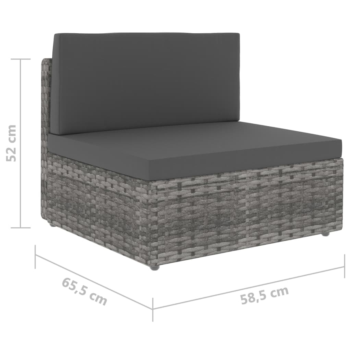 Ein graues Outdoor-Sofamodul im Flechtstil. Die Abmessungen sind auf dem Bild dargestellt.