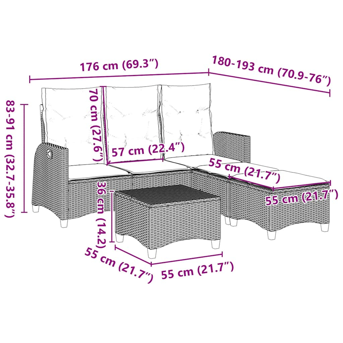 Set di sedute da esterno con dimensioni etichettate, inclusi divano e tavolo.