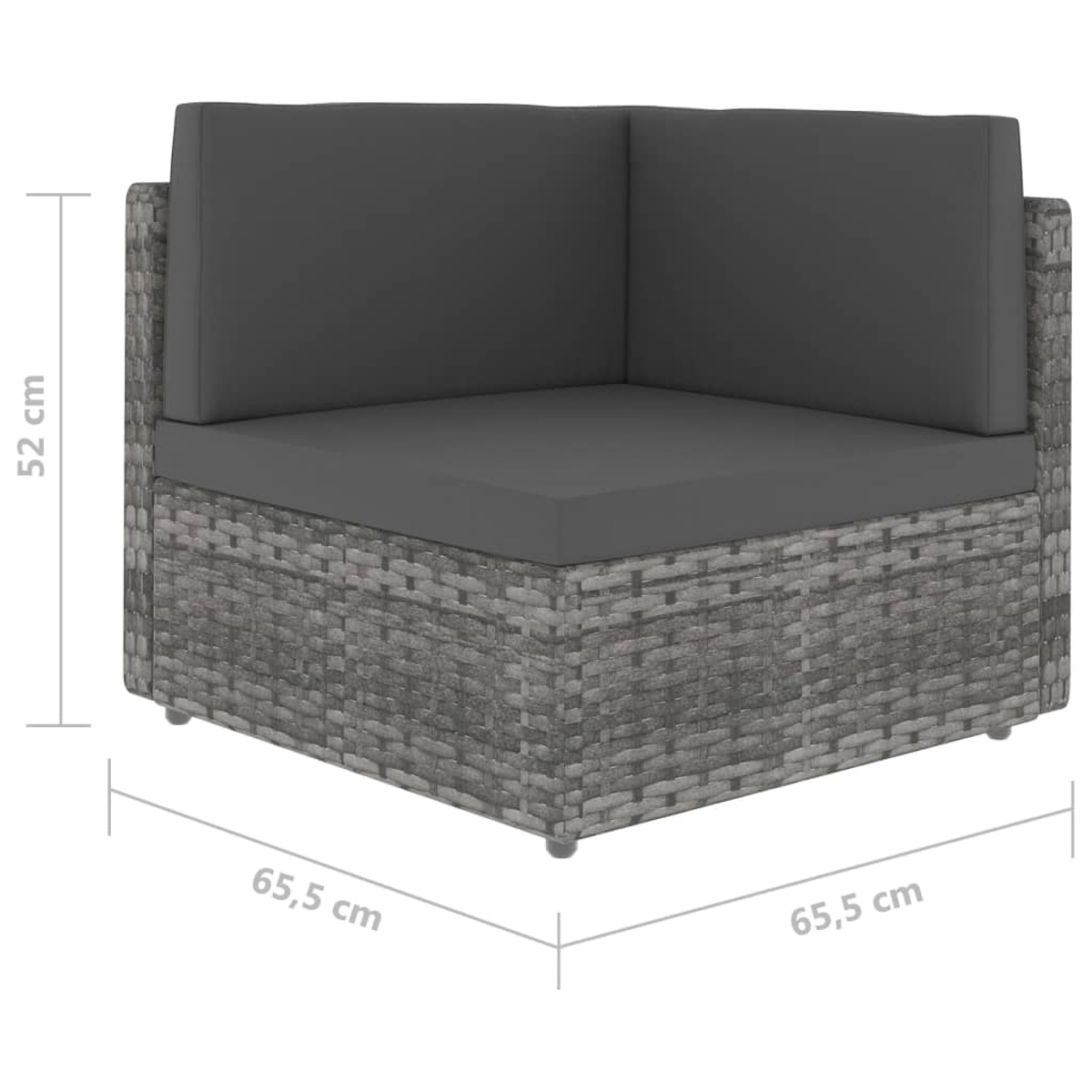 Graues Rattan-Ecksofa mit grauen Kissen, Maße in cm werden angezeigt.