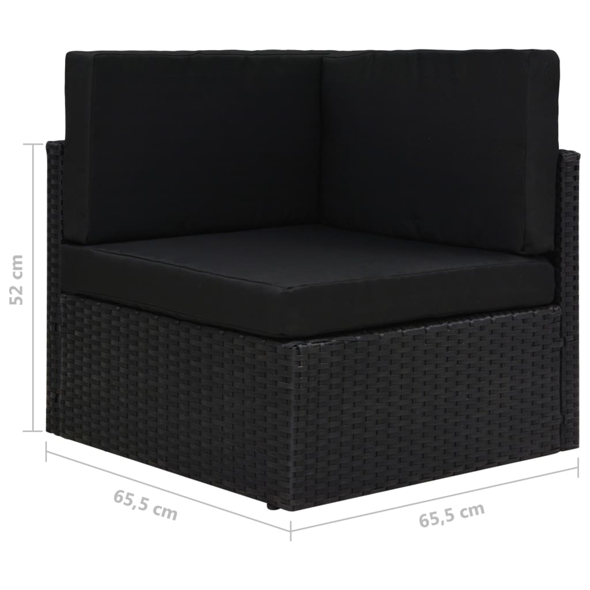 Schwarzer Eckstuhl aus Rattan mit schwarzen Kissen. Nahaufnahme Seitenansicht.