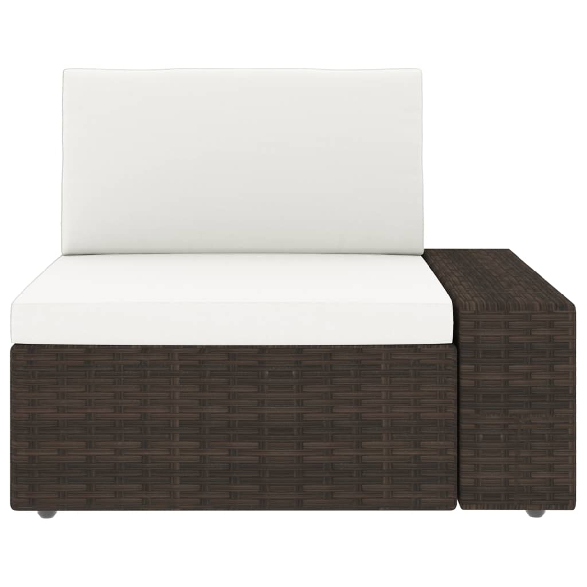 Outdoor-Sessel mit weißem Kissen und Rückenlehne, braune Webstruktur, Seitenansicht.