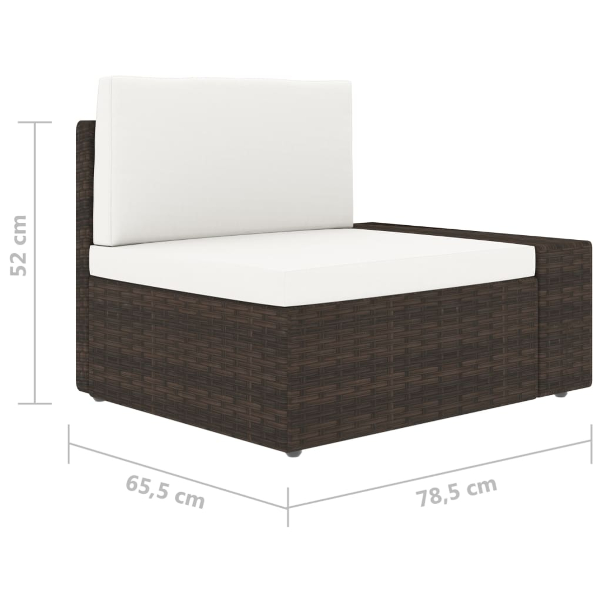 Braunes Rattan-Sofa mit abgebildeten Maßen. Es hat Sitz- und Rückenkissen. Weißer Hintergrund.