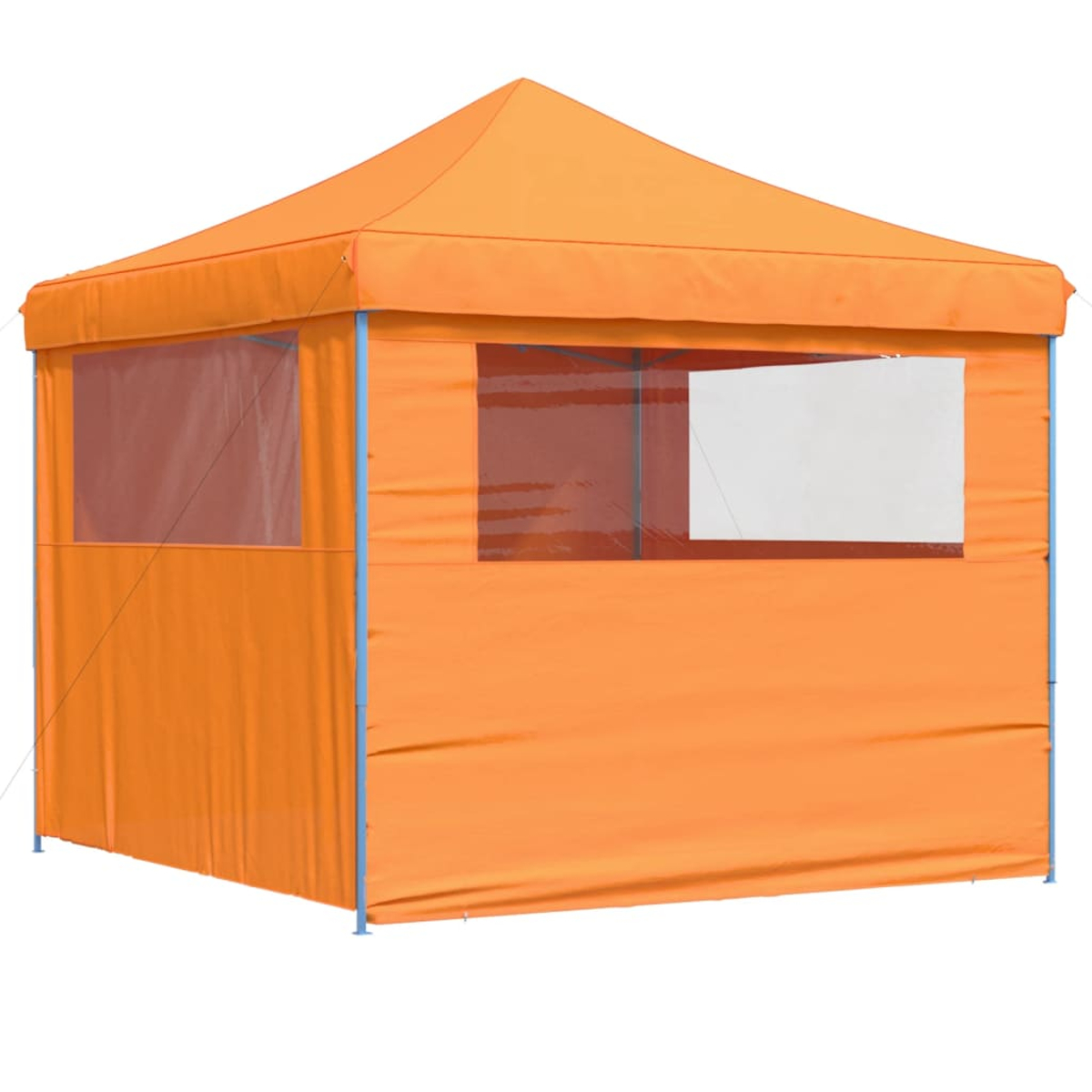 Orangener Pop-up-Pavillon mit Fenstern und blauem Rahmen, vor weißem Hintergrund.
