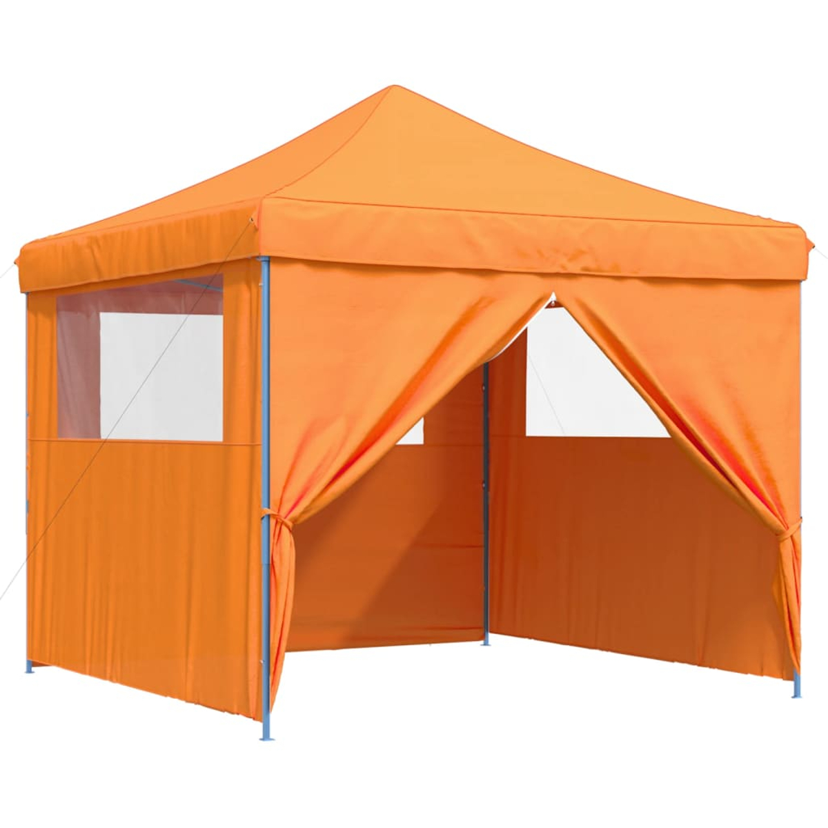 Orangener Zelt mit Fenstern, Eingang offen. Weißer Hintergrund.