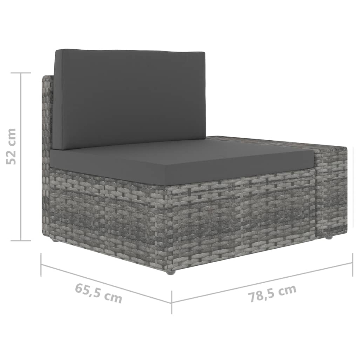 Outdoor-Sofateil mit grauen Kissen und Webstruktur, Maße gezeigt.