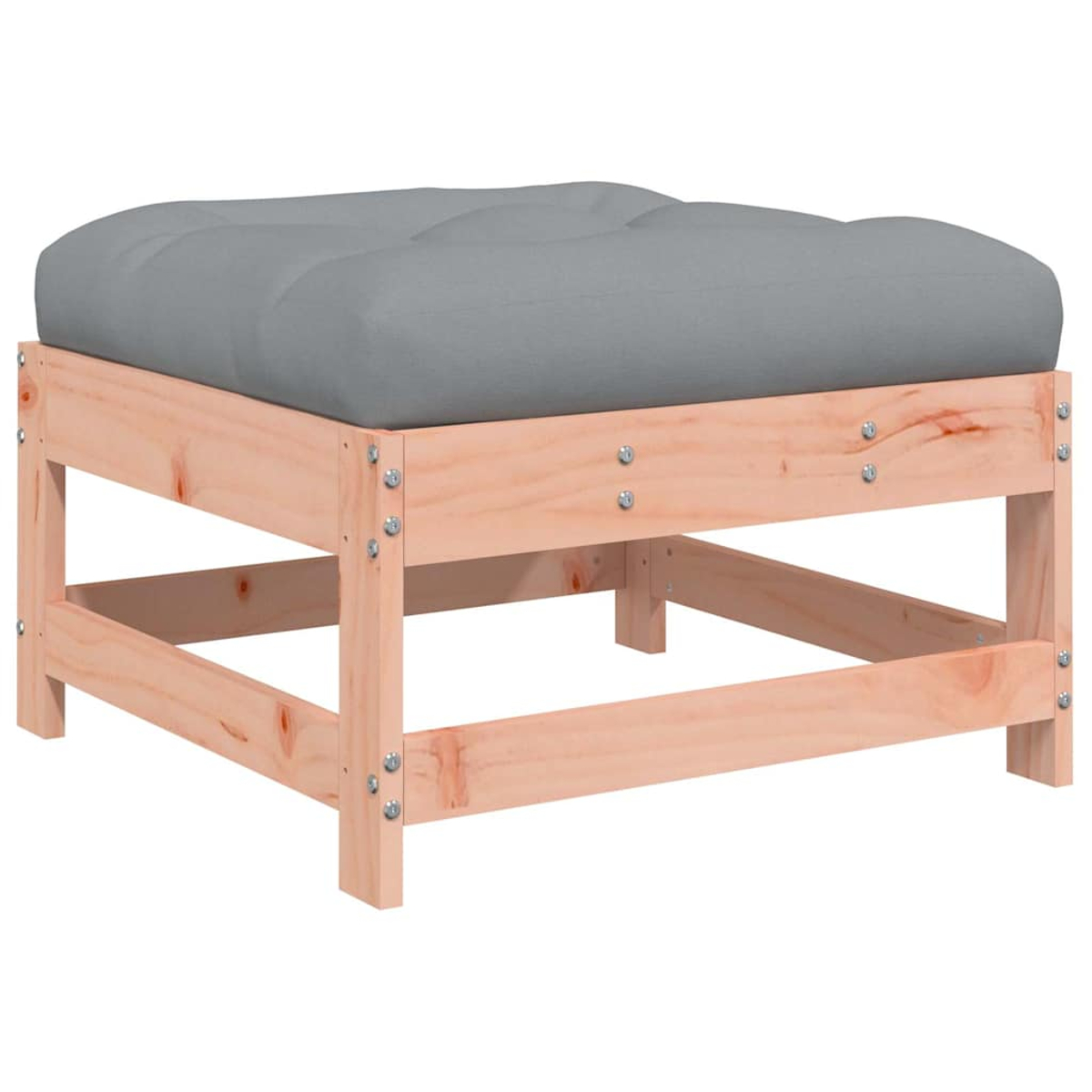 Viereckiger Holz-Hocker mit grau gepolsterter Oberseite, von vorne gesehen.