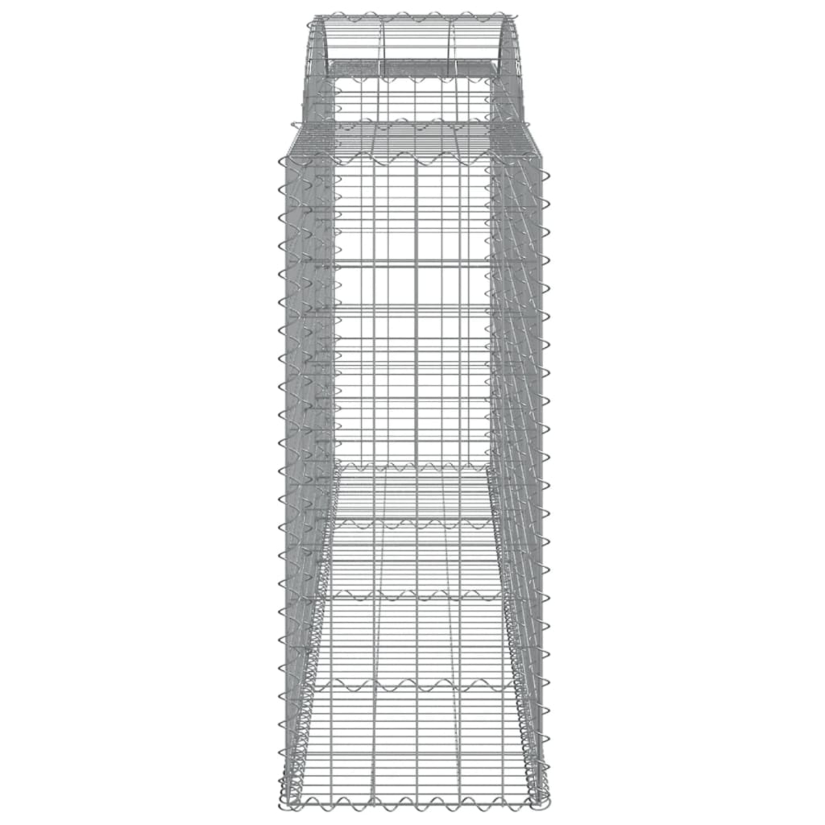 Ein hoher, rechteckiger Metallgabion, aus Drahtgeflecht konstruiert.