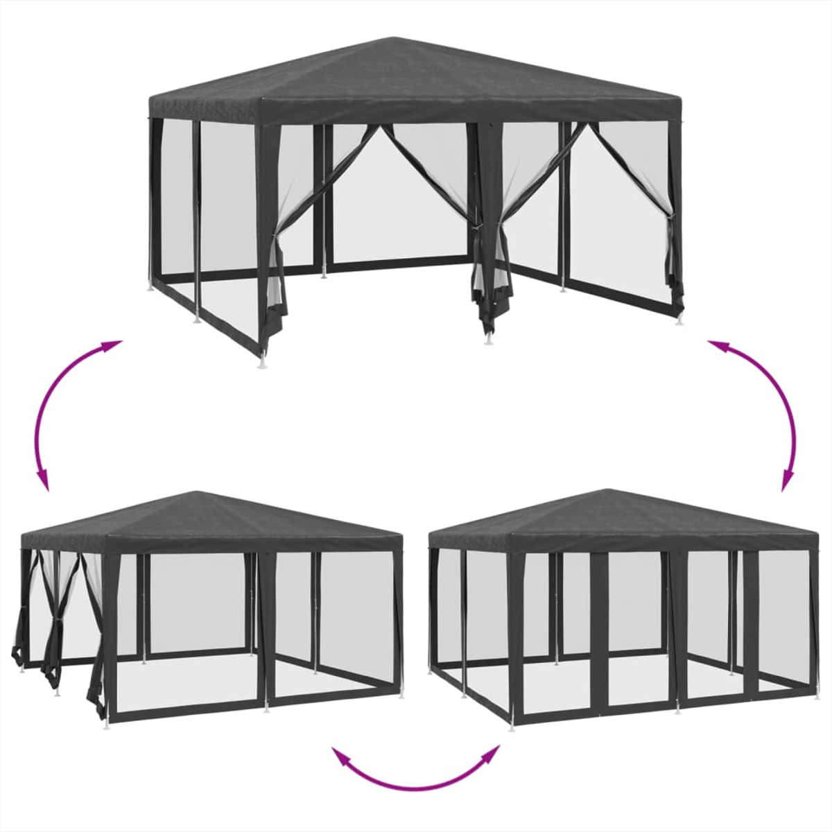 Una serie di gazebo grigio scuro, che mostra diverse configurazioni, su sfondo bianco.