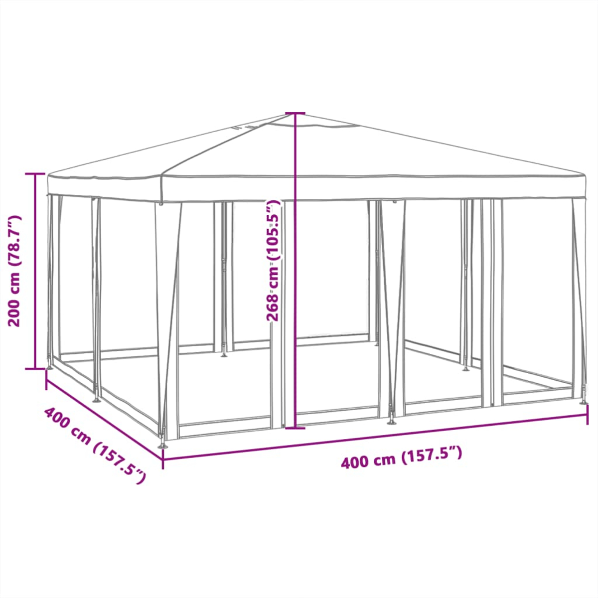 Un gazebo grigio scuro, con dimensioni etichettate in cm, su sfondo bianco.