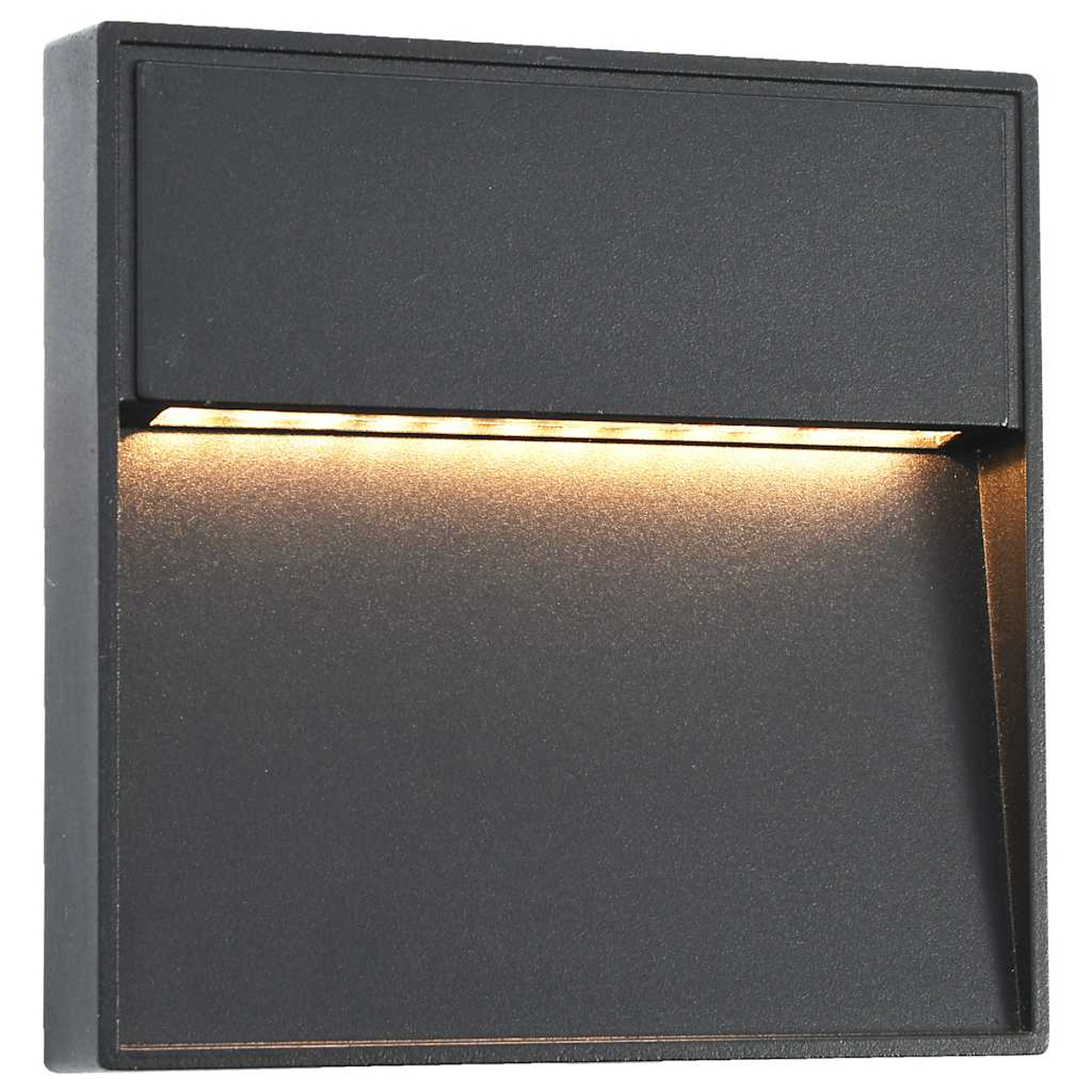 Eine schwarze, an der Wand montierte Außenleuchte, beleuchtet.