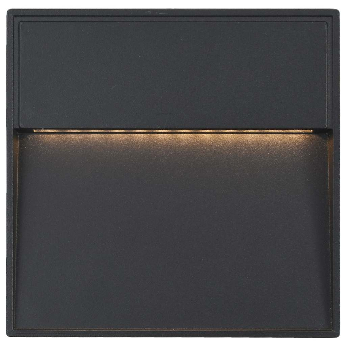 Eine schwarze Außenleuchte auf weißem Hintergrund. Sie strahlt ein warmes Licht aus.