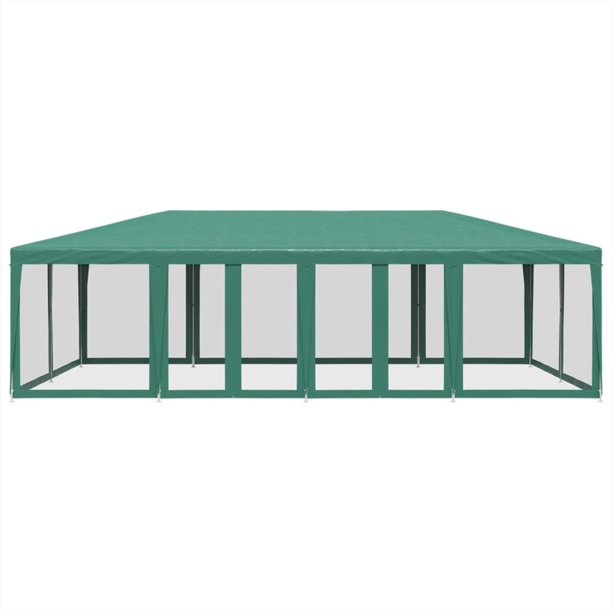 Gazebo rettangolare verde con lati trasparenti. Sfondo bianco.