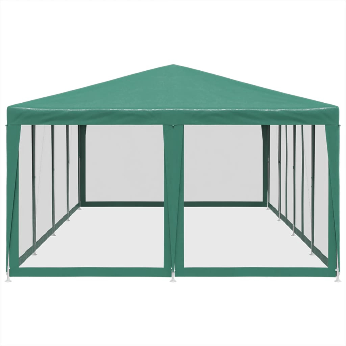 Gazebo triangolare verde con lati trasparenti. Sfondo bianco.