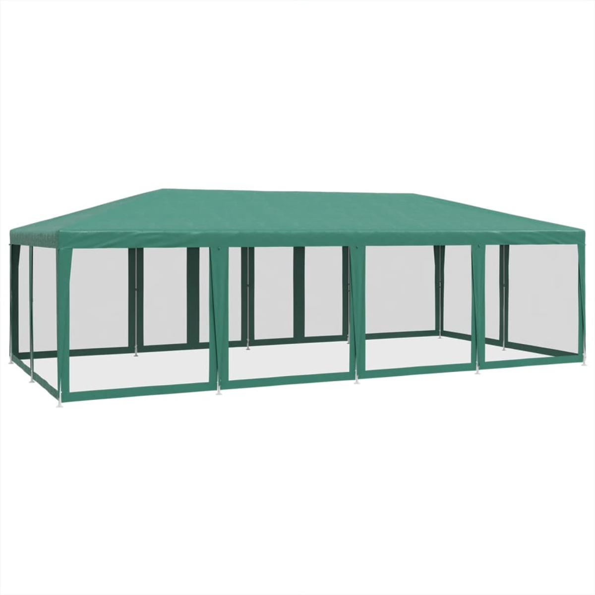Un gazebo rettangolare verde con lati trasparenti, su sfondo bianco.