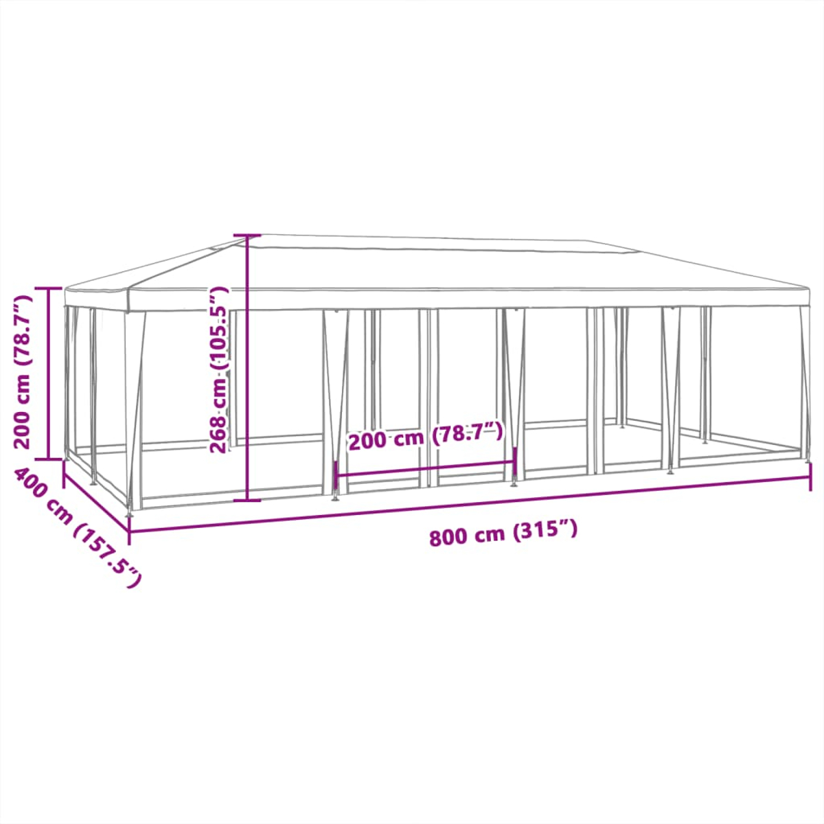 Dimensioni gazebo: 800 cm lungo, 400 cm largo e 268 cm alto.