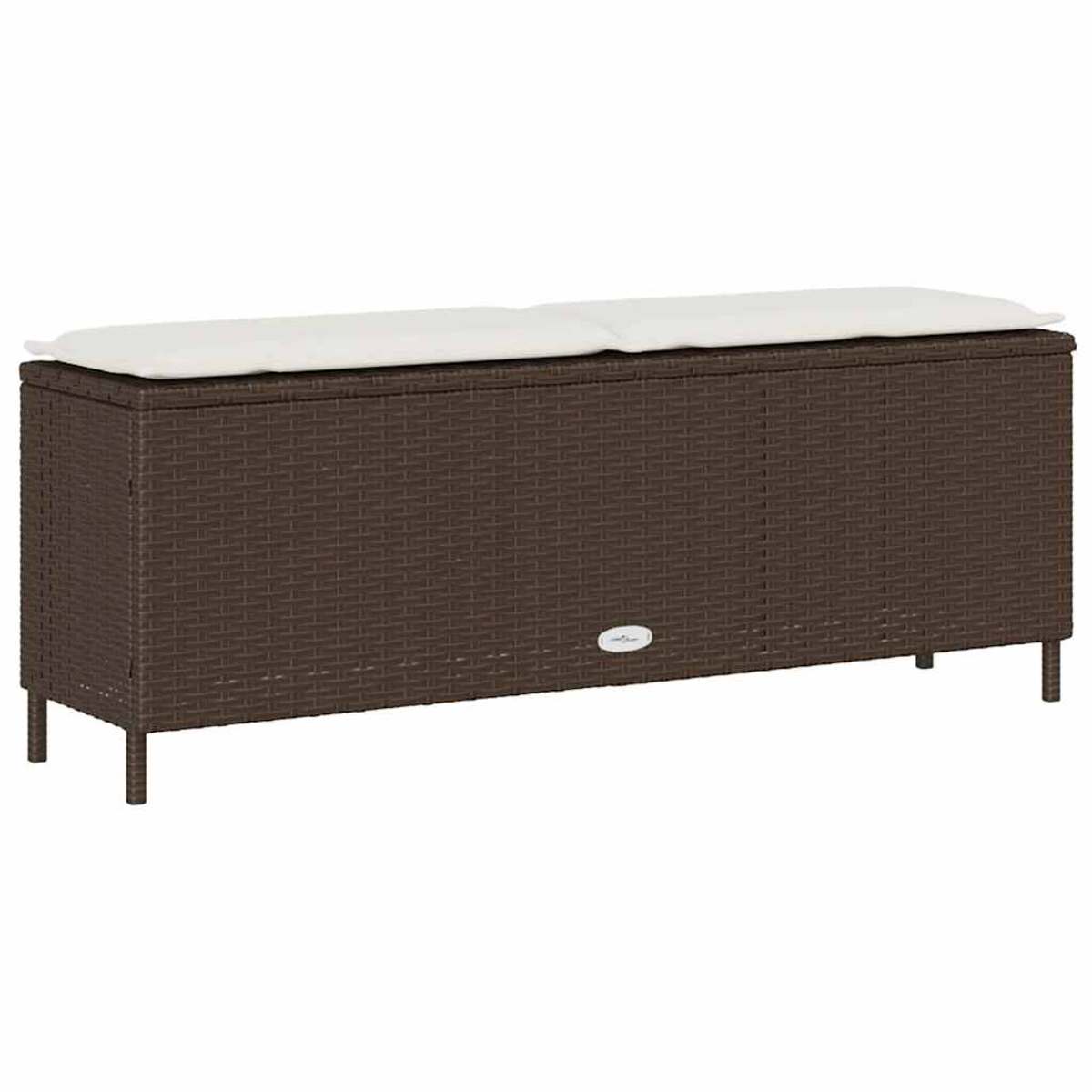 Una lunga panca contenitore marrone, stile rattan, con un cuscino bianco sopra.