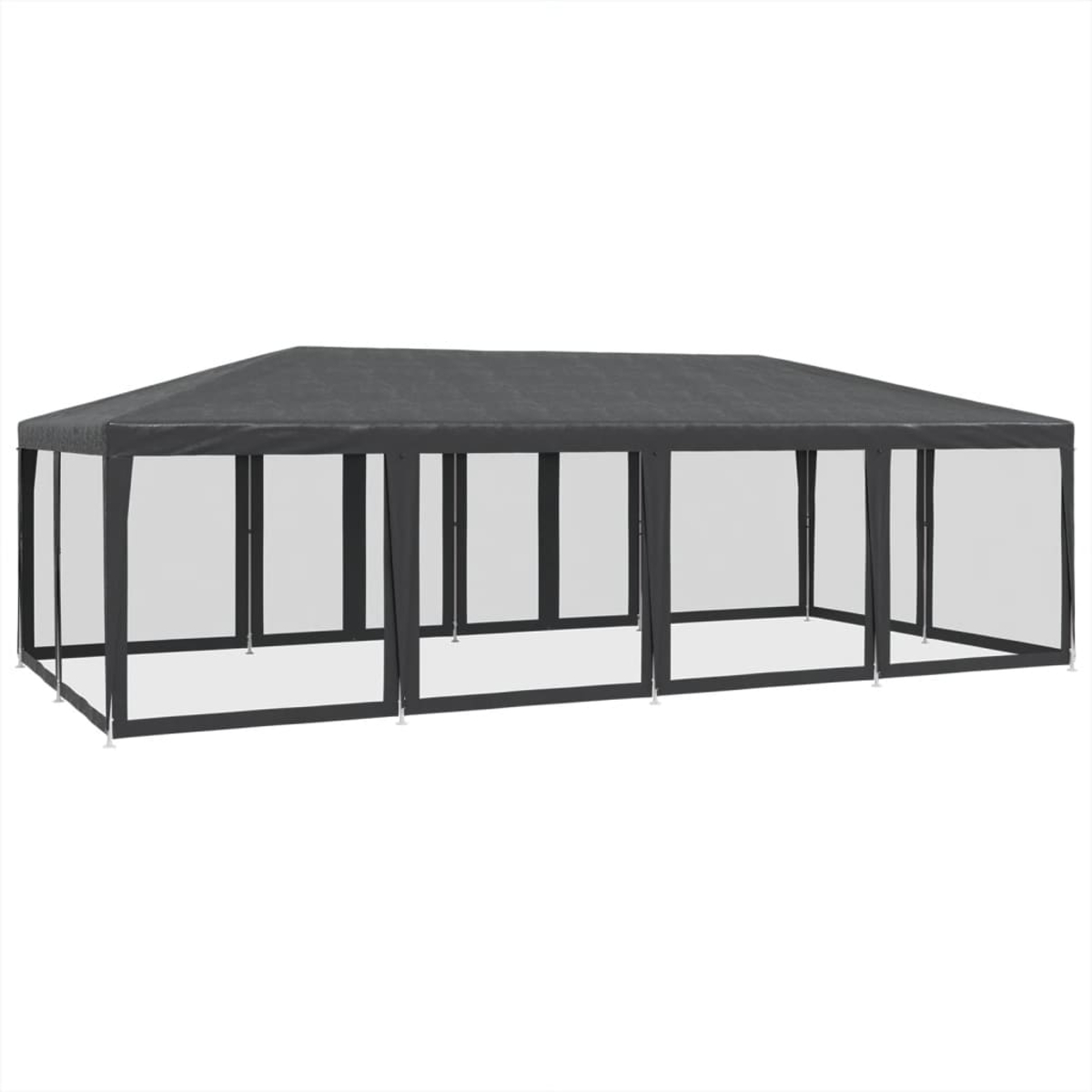 Un grande gazebo rettangolare nero con pannelli laterali trasparenti e tetto scuro.