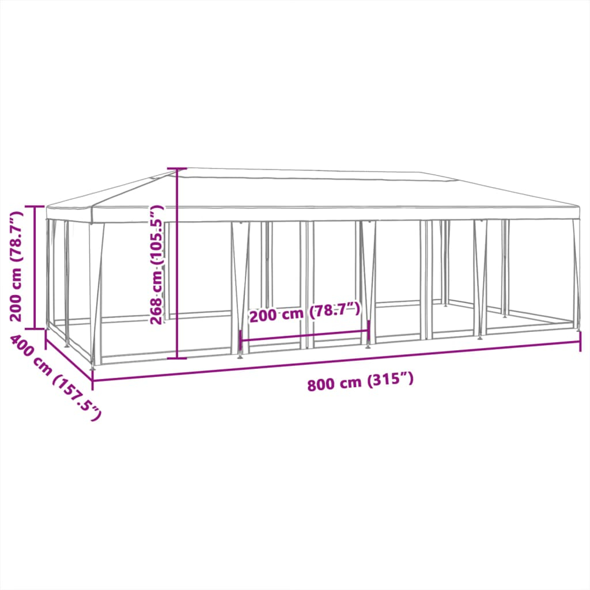 Dimensioni di un gazebo: 800 cm per 400 cm, alto 268 cm.