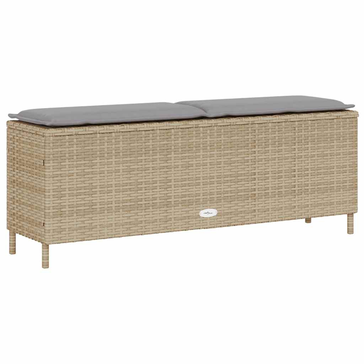 Panca in rattan con cuscino grigio. Tessuto intrecciato. Quattro gambe. Vista frontale.