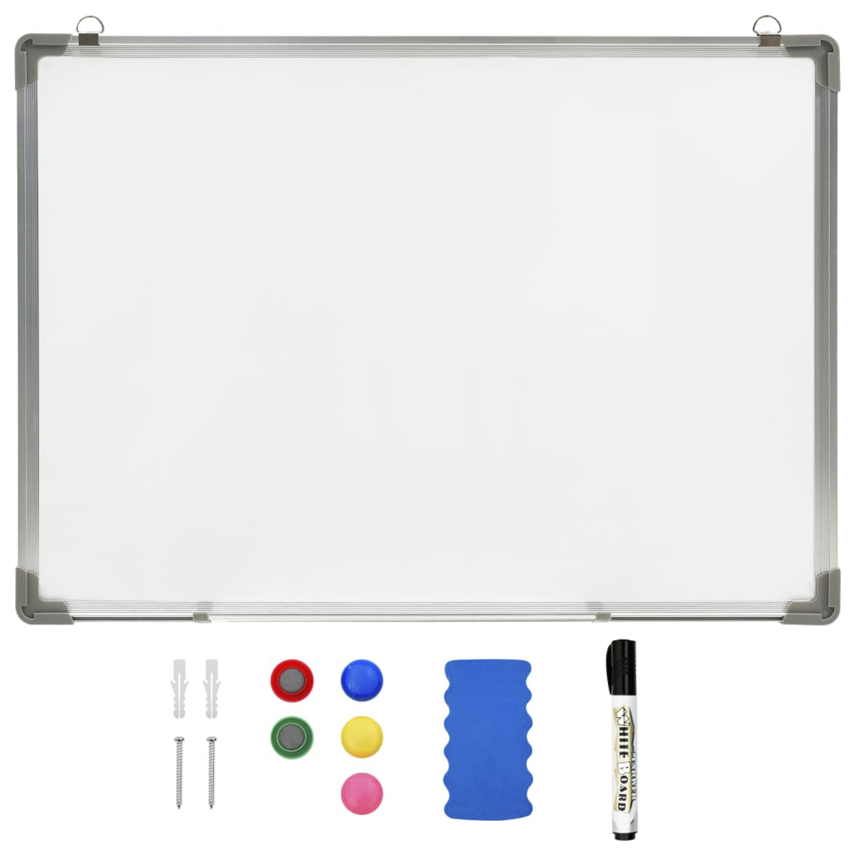 Whiteboard-Set mit Zubehör: Marker, Magnete, Radiergummi und Befestigungsmaterial.