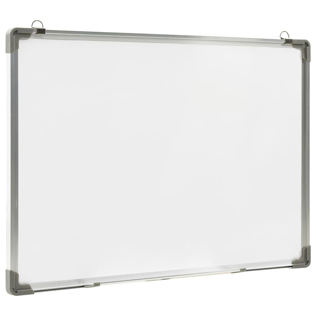 Whiteboard mit silbernem Rahmen, zwei Hängeringen. Saubere, leere Oberfläche.