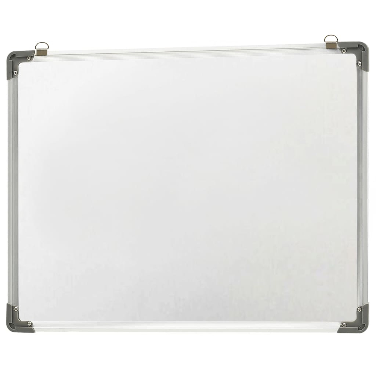 Whiteboard mit silbernem Rahmen, sauberer Oberfläche und Aufhängeringen.