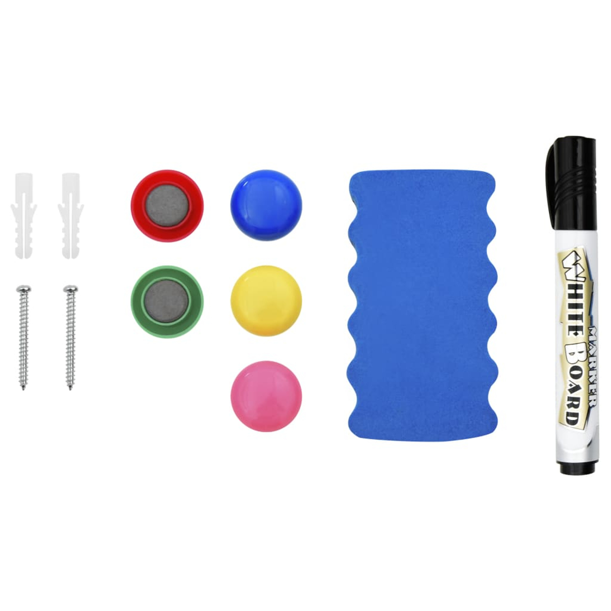 Zubehör für ein Whiteboard: Marker, Radiergummi, Magnete und Befestigungsmaterial.