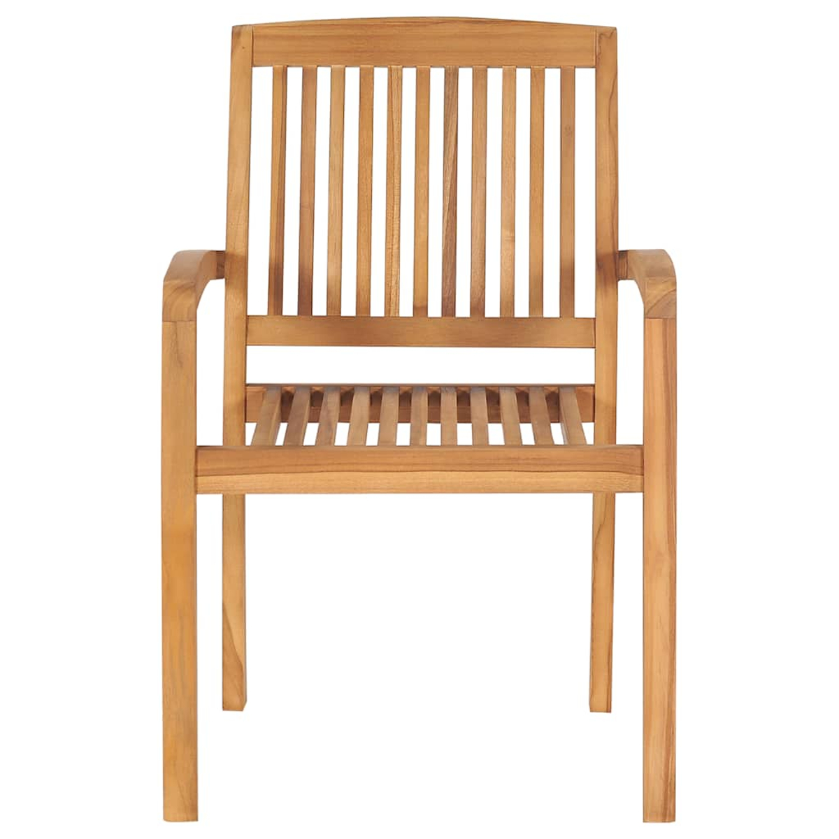 Holz-Außenstuhl mit vertikalen Rückenstreben und Armlehnen.