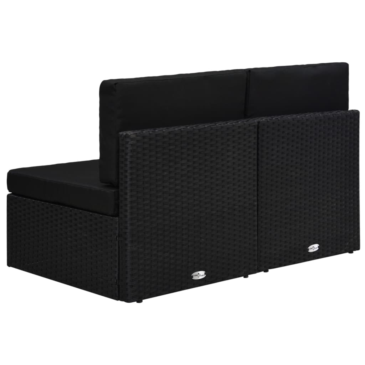 Rückansicht des schwarzen Ecksofas aus Korbgeflecht mit schwarzen Kissen, zeigt ein dreiteiliges Design.