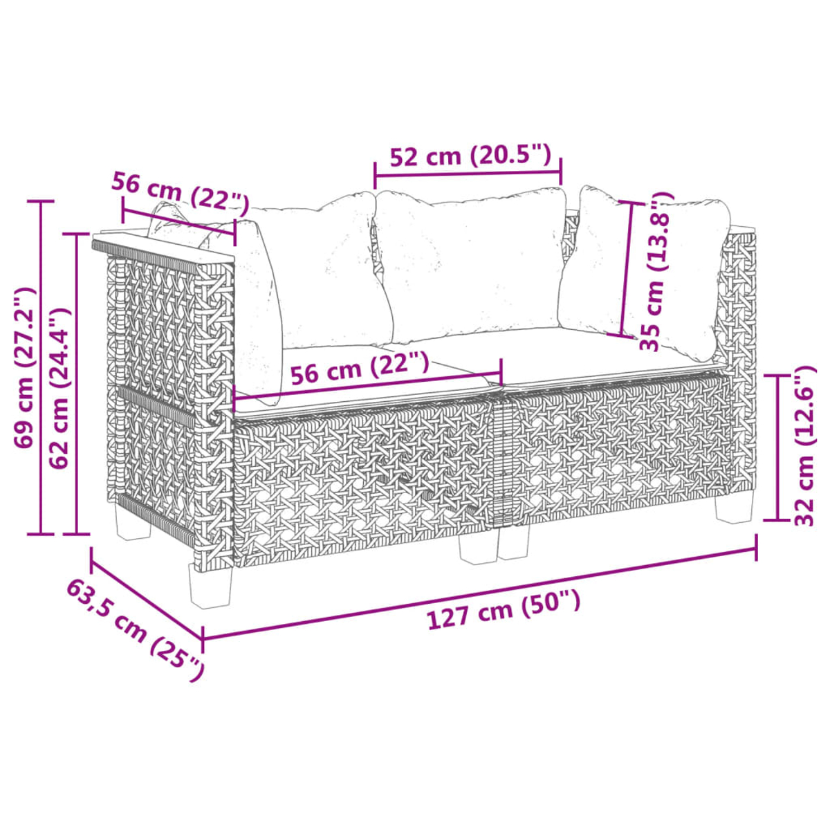 Ein Rattansofa mit Abmessungen in cm und Zoll.