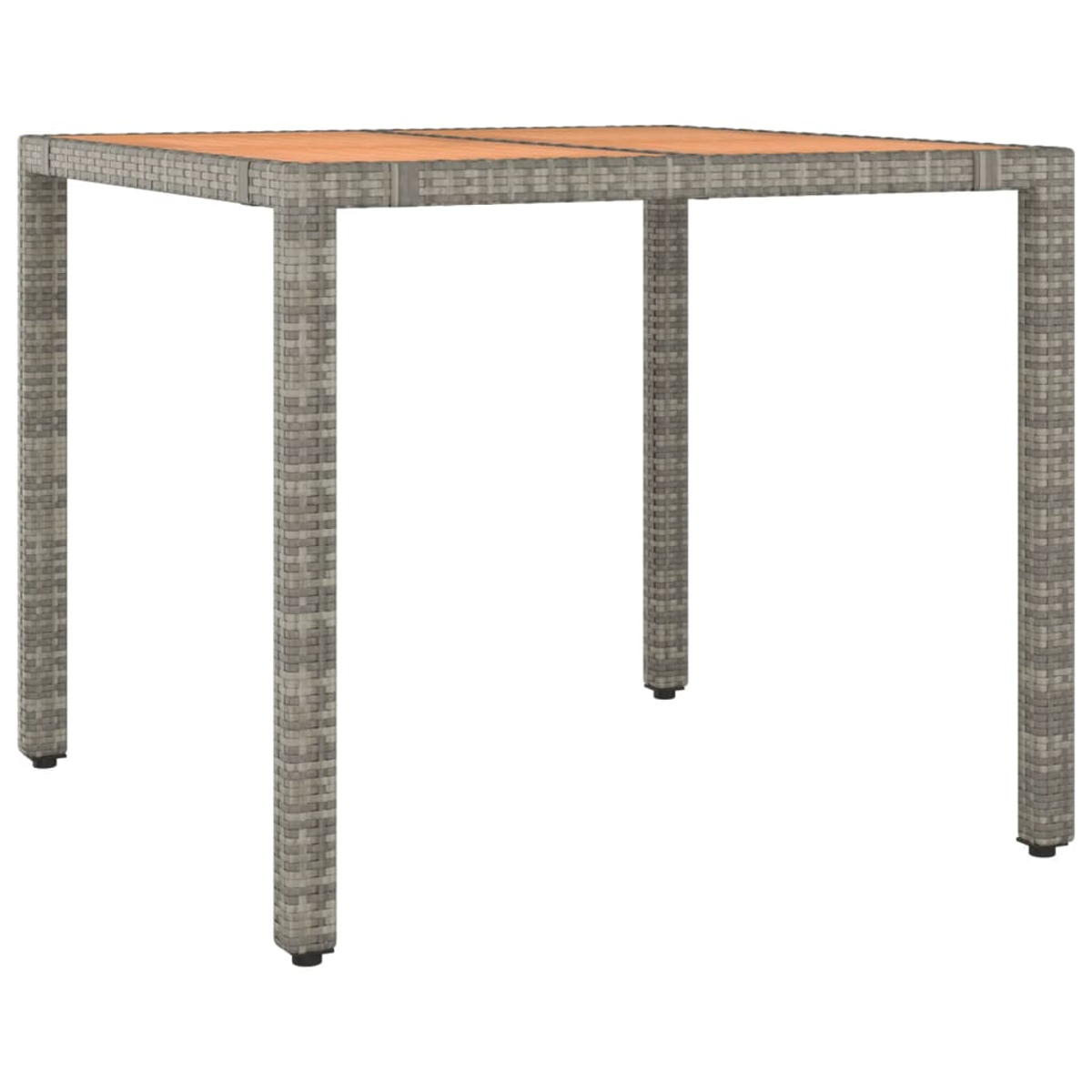 Quadratischer, grauer Korbtisch mit Holzplatte und vier Beinen.
