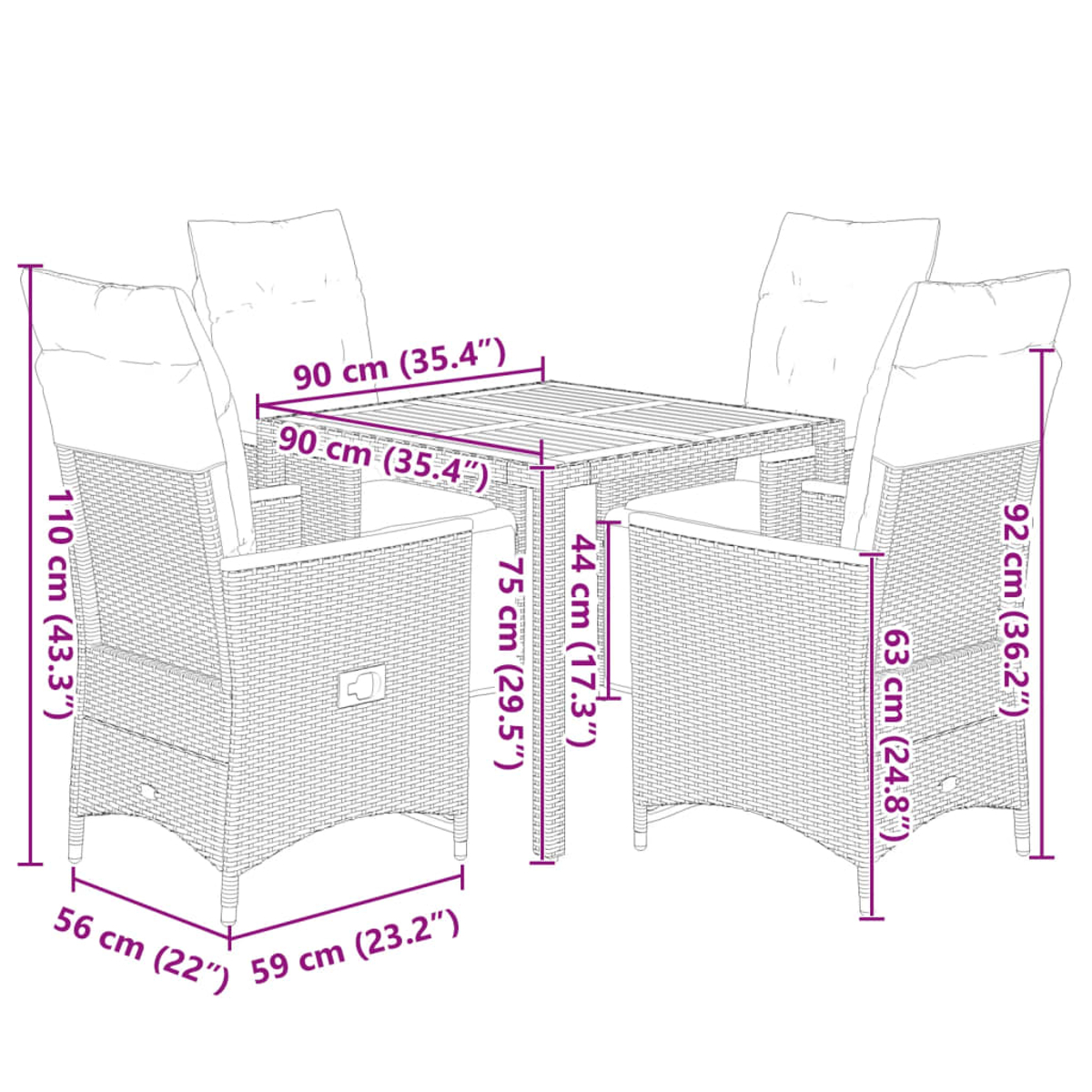 Tisch mit vier Stühlen. Abmessungen: 110x56x92 cm, Tisch: 90x90x75 cm.