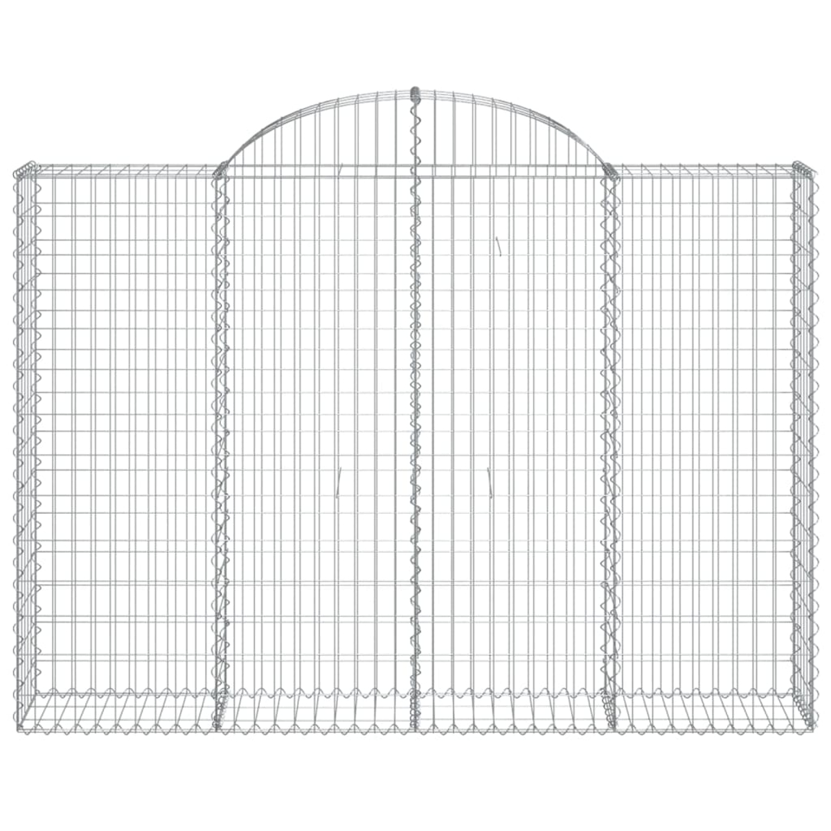 Metall-Gabionenwand mit gewölbter Oberseite. Es ist ein offenes Design. Die Wand ist weiß.