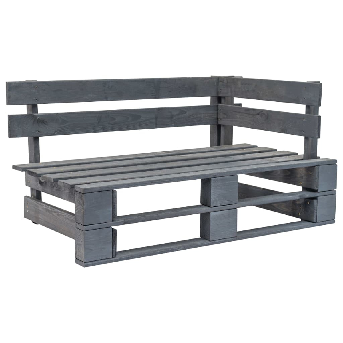 Graues Paletten-Ecksofa. Holzrahmen. Weißer Hintergrund. Keine Kissen sichtbar.