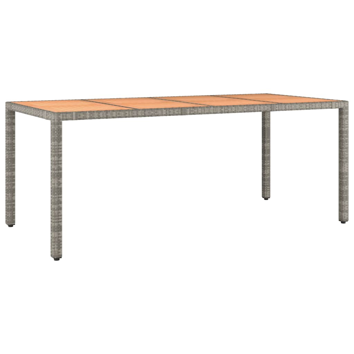 Rechteckiger Esstisch aus Holz mit Rattanstützen. Braune Tischplatte, weißer Hintergrund.