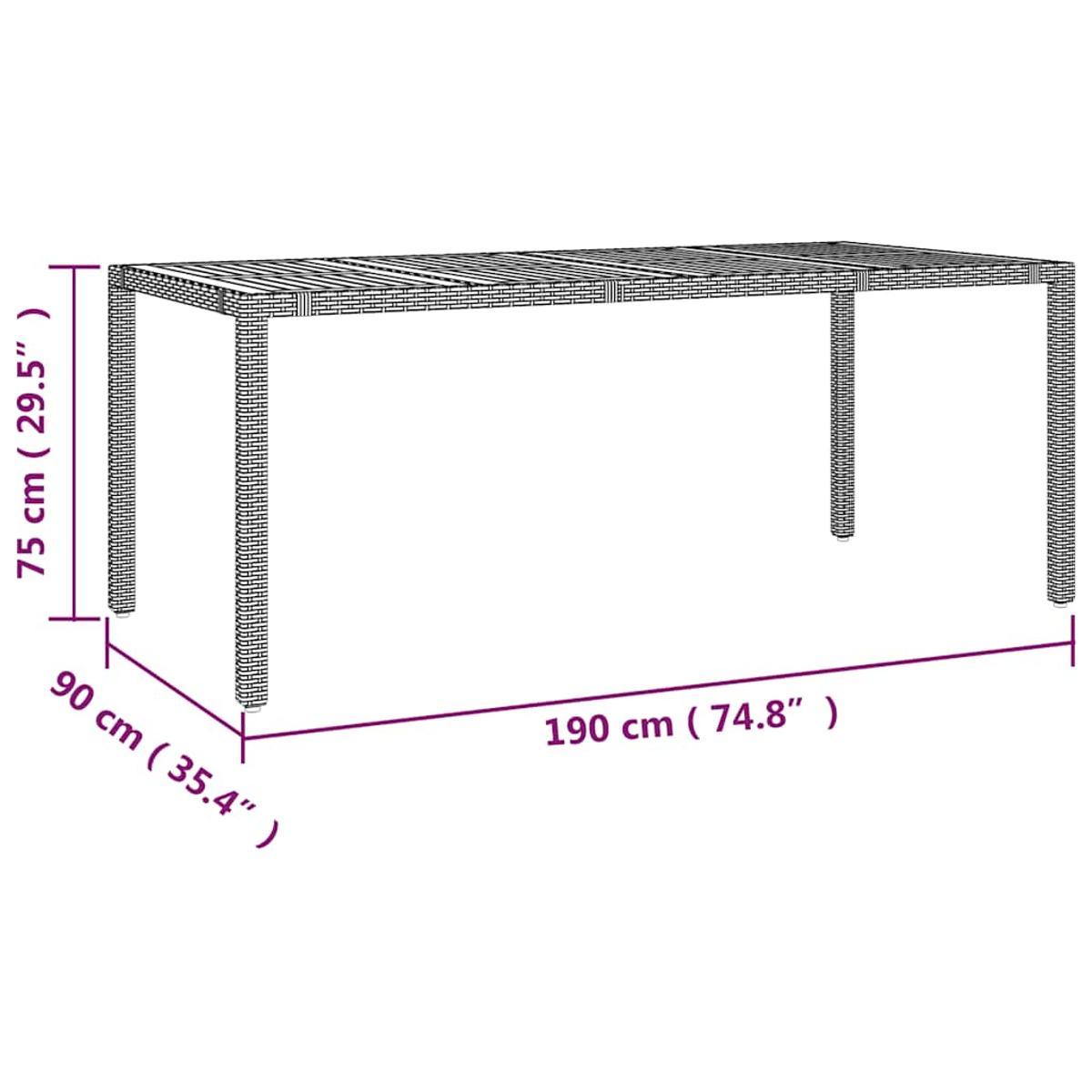 Ein rechteckiger Tisch mit Beschriftung. Der Tisch besteht aus gewebtem Material.