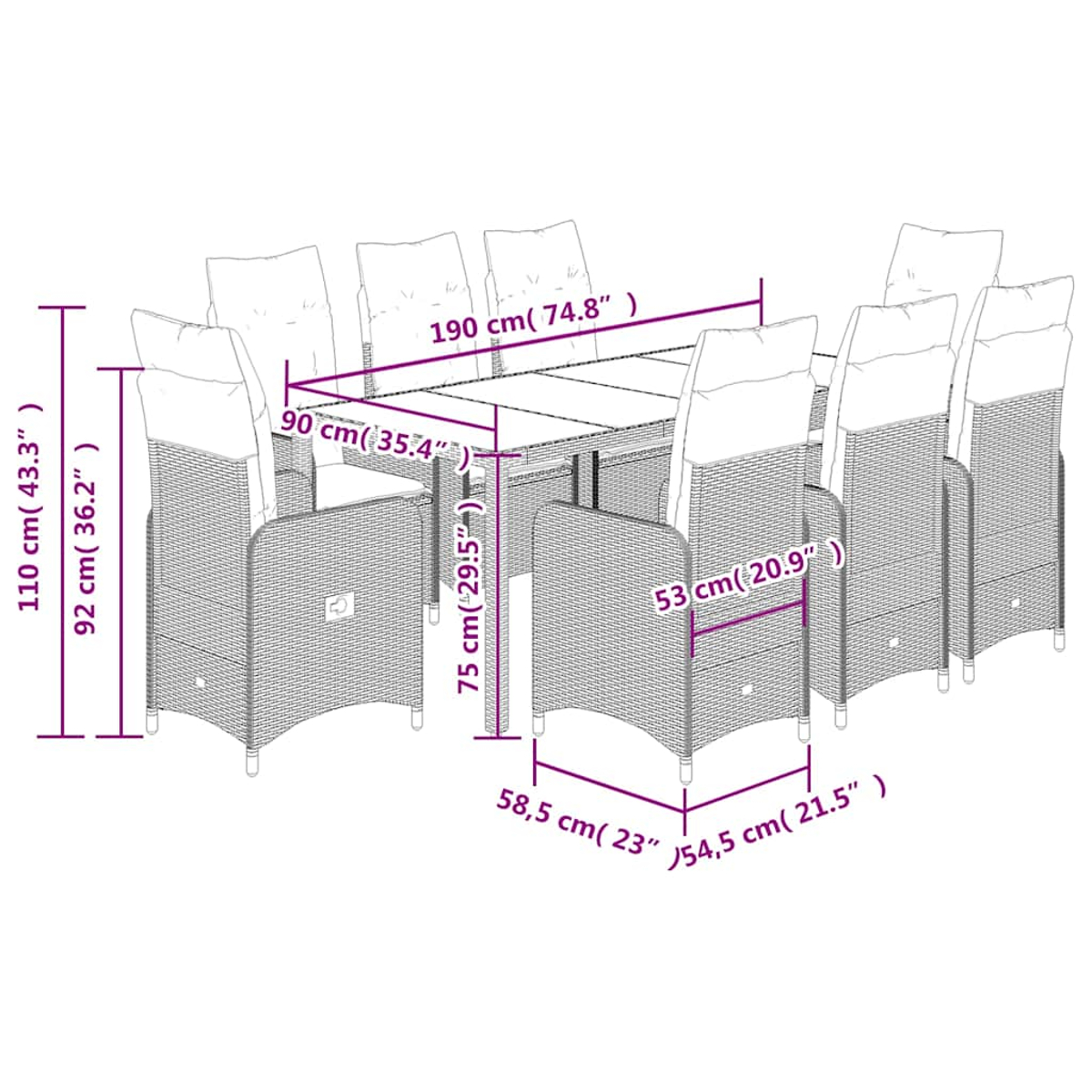 Set tavolo e sedie in vimini, dimensioni visibili.