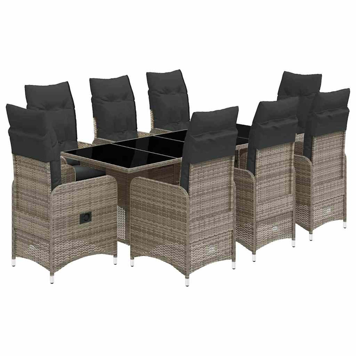 Tavolo in rattan con 8 sedie, cuscini neri, su sfondo bianco.