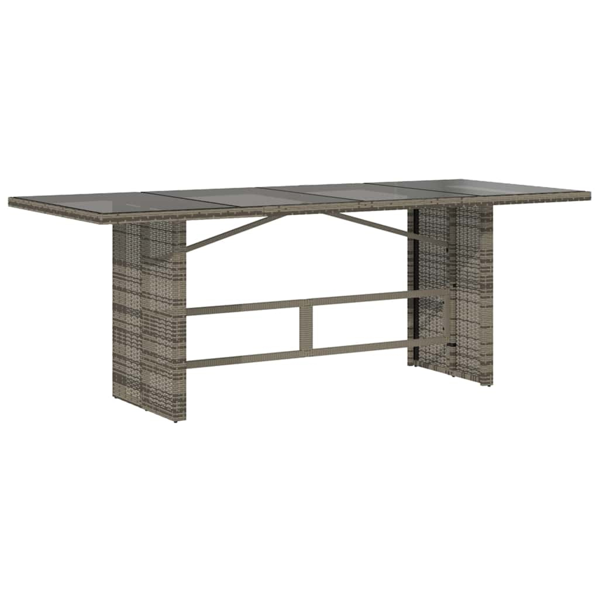 Tavolo da bar in rattan con piano in vetro, colore grigio, isolato su sfondo bianco.