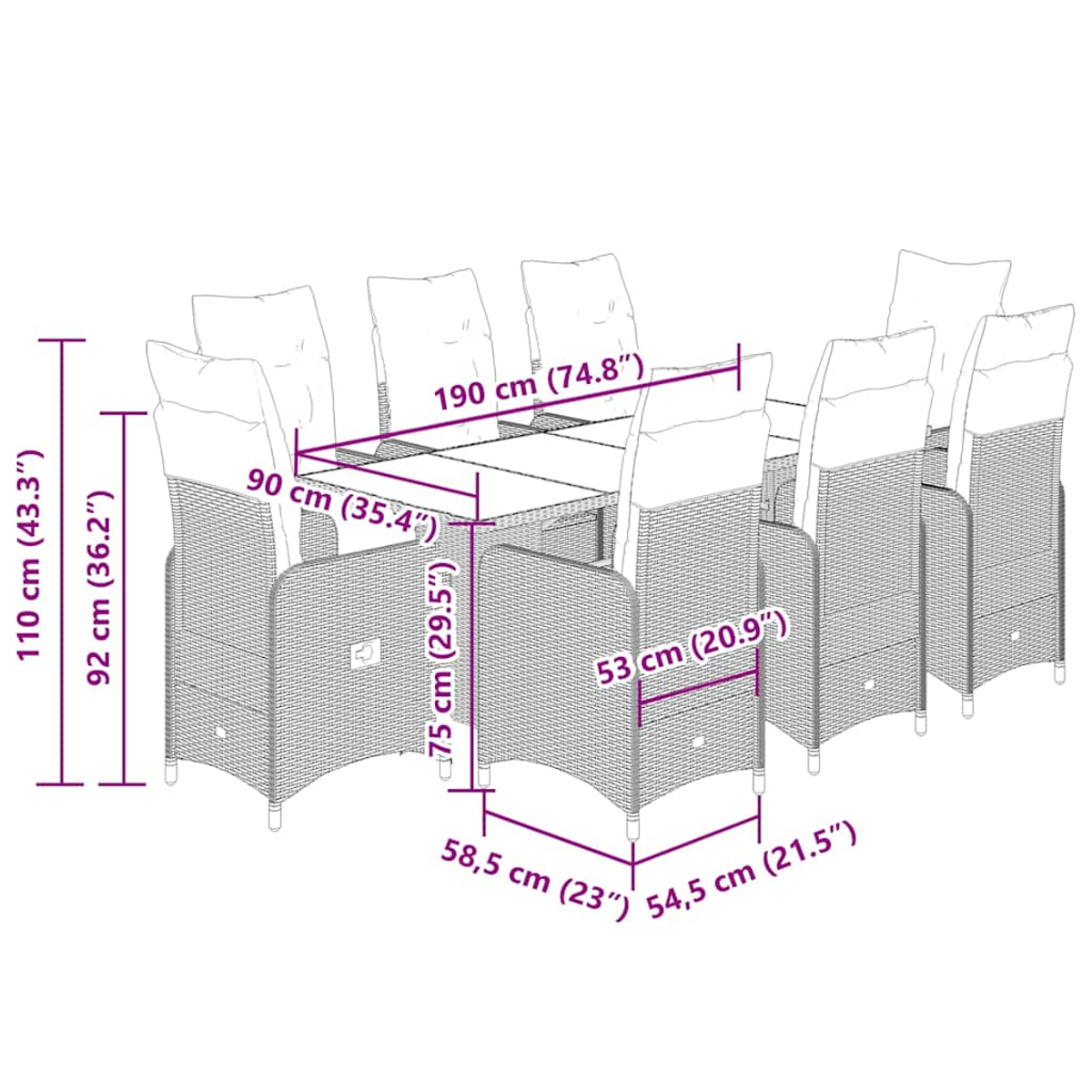 Diagramma di un tavolo in rattan e 8 sedie con dimensioni in cm e pollici.