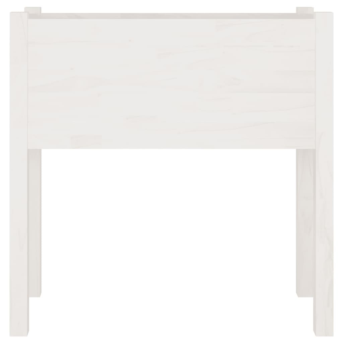 Vorderansicht eines weißen Holzpflanzkastens mit sichtbaren Lamellen und Beinen, einfaches Design.