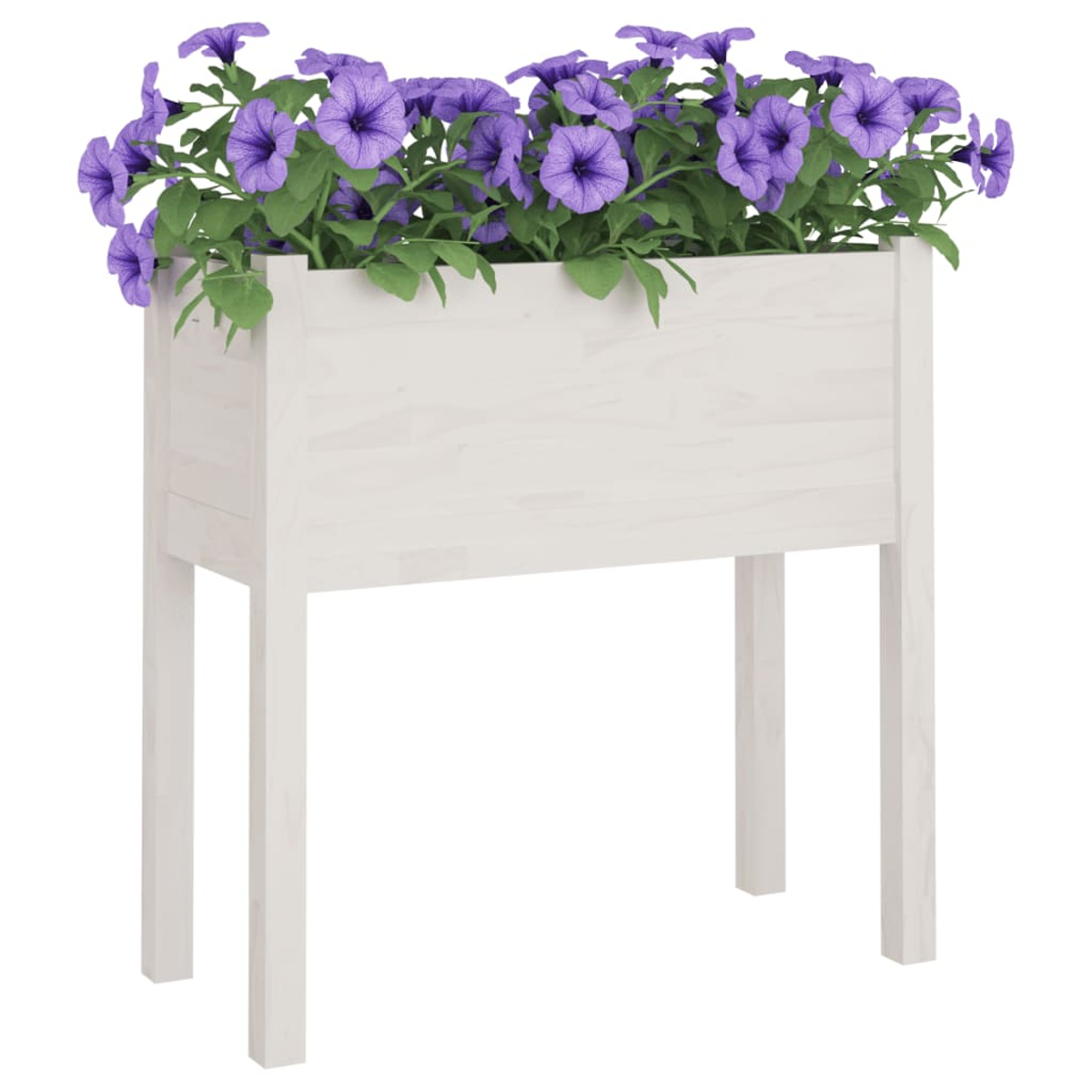 Ein weißer, rechteckiger Pflanzkasten mit lila Blumen und grünen Blättern. Der Pflanzkasten steht auf Beinen.