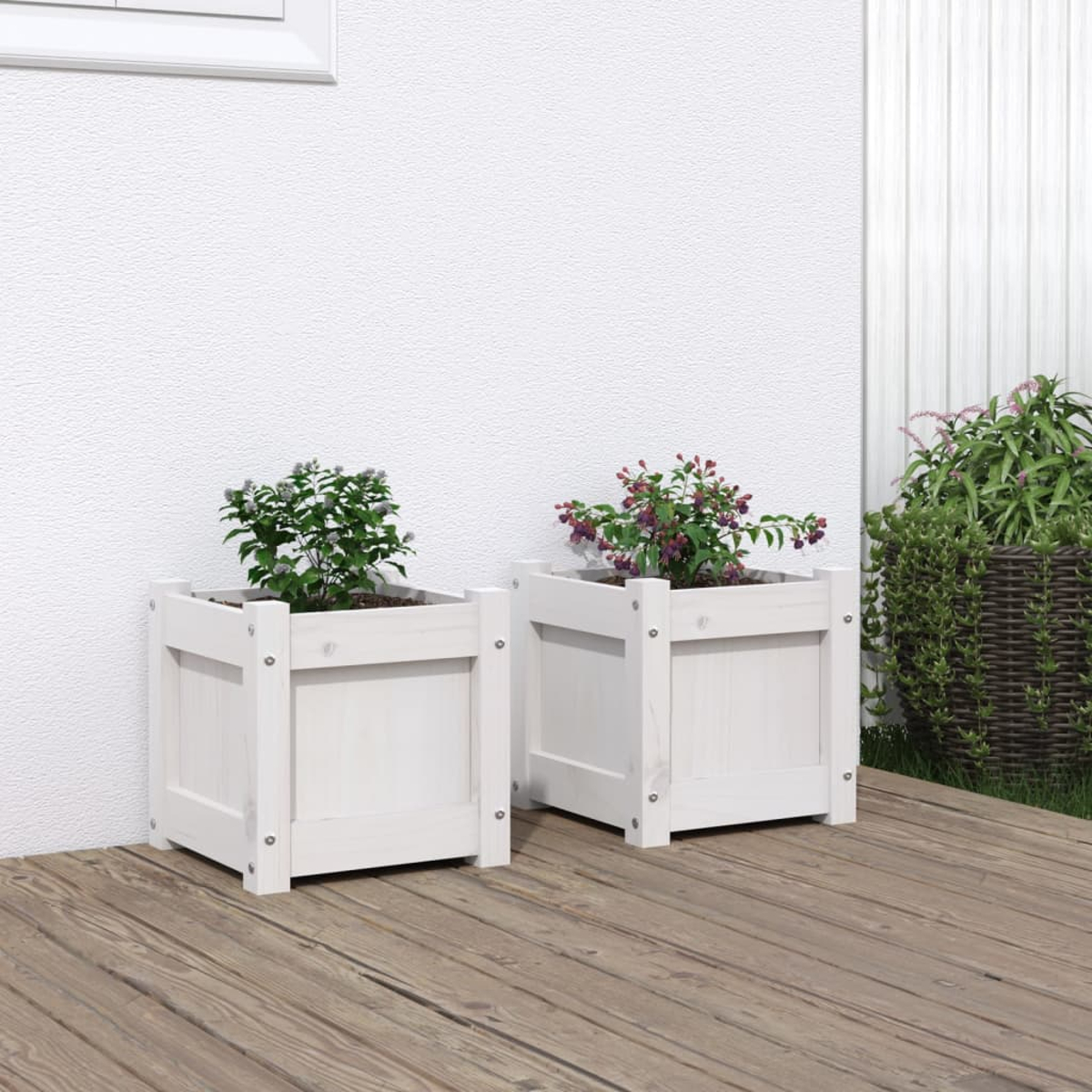 Zwei weiße Pflanzkübel mit Pflanzen. Sie stehen auf einer Holzterrasse vor einer weißen Wand.