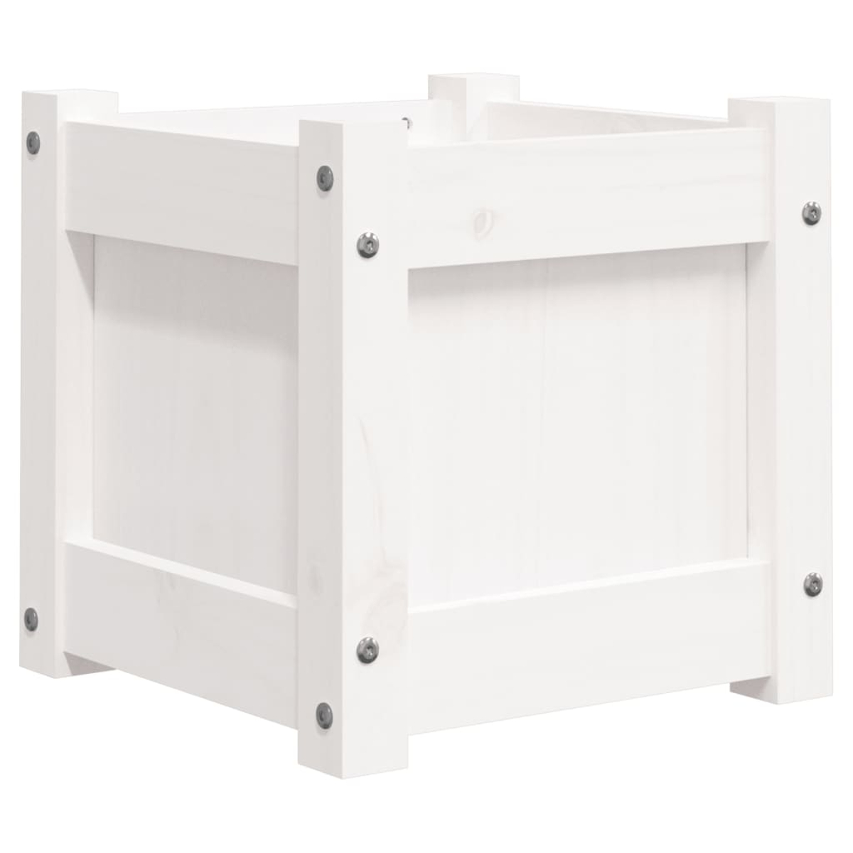 Ein weißer, quadratischer Pflanzkübel. Er hat ein schlichtes Design mit vier Seiten und ist aus Holz gefertigt.